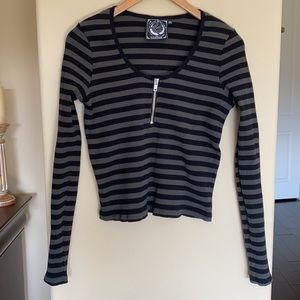 Killstar Striped Black Grey Long Sleeve Zipper Top